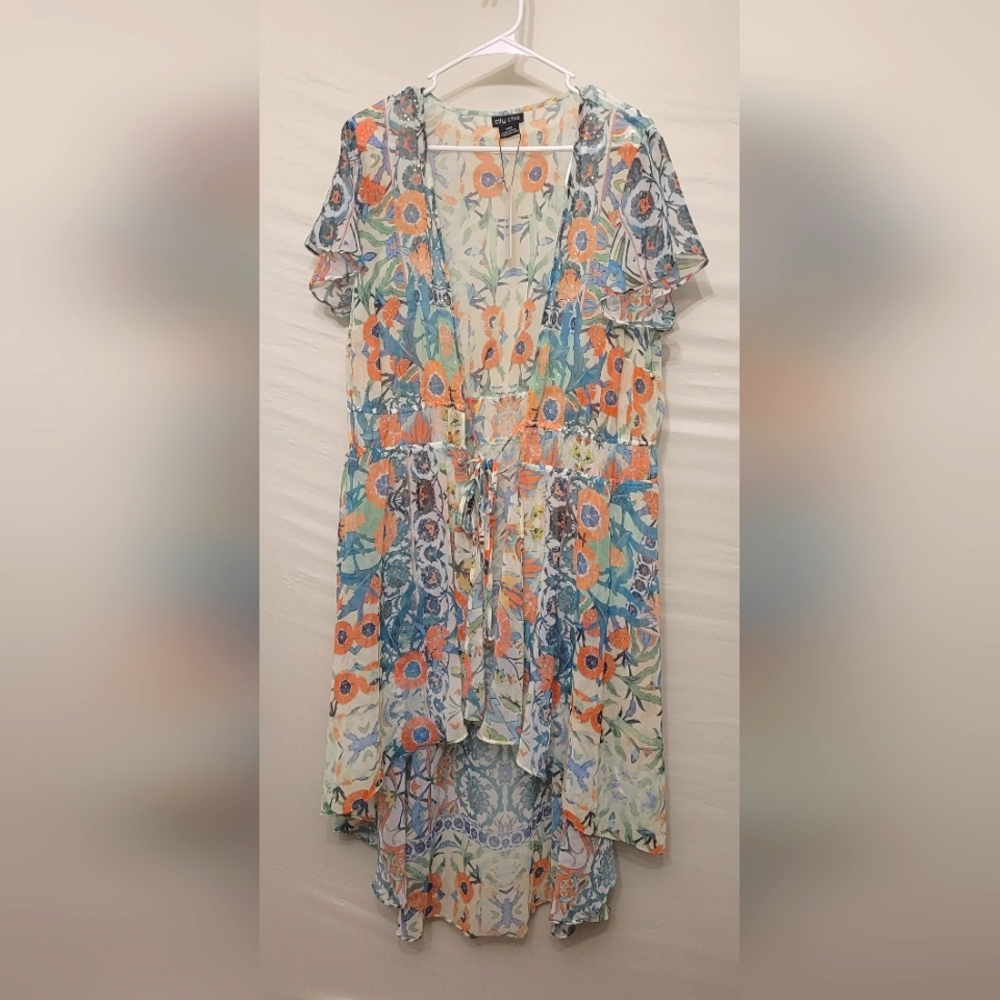 NWT City Chic Shibuya Front Tie Floral Chiffon Cover-Up/Dress Size M/18